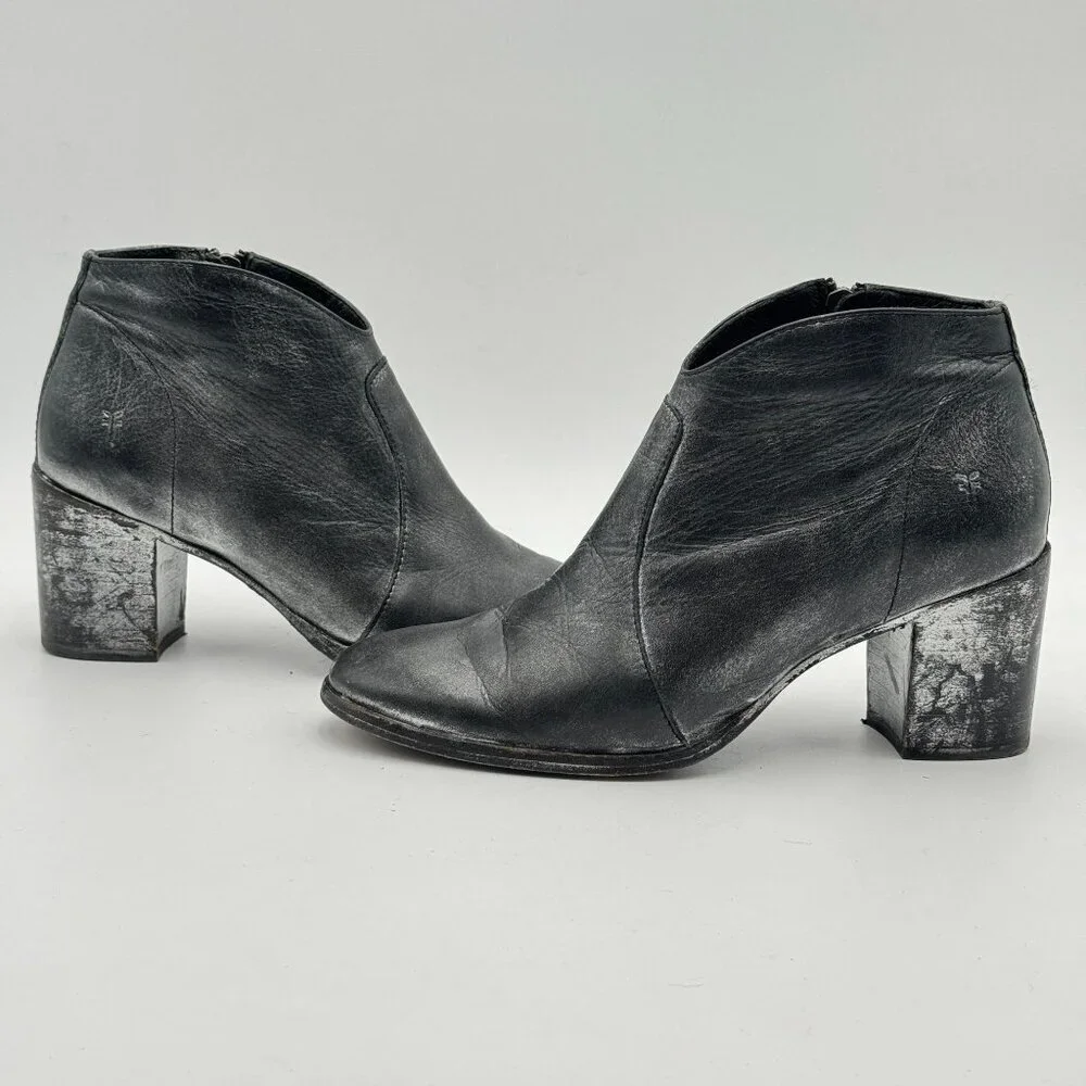 FRYE Womens 7.5 Metallic Black Leather Nora Ankle Boots Cowgirl Giddy Up Booties